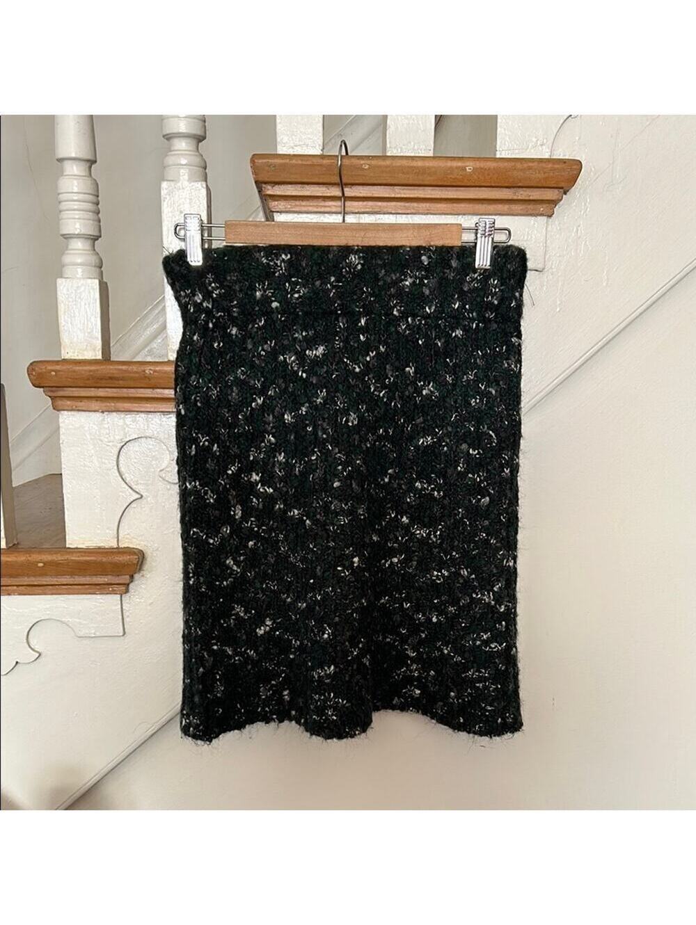 Kenar Black Green Knitted Pencil Skirt Textured Alpaca Wool Blend Size S Small